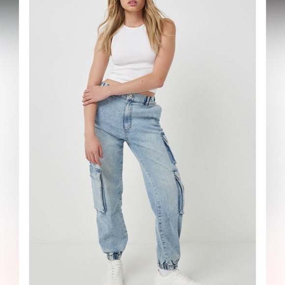Ardene High Rise Cargo Denim Joggers Barrel Pants Size Small - Picture 1 of 5